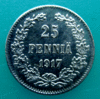 Редкая, серебряная монета 25 пенни 1917 года